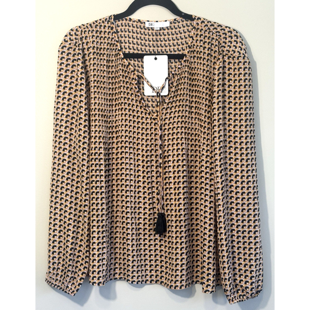 DR2 Daniel Rainn Womens S Top Multi-color Geometric Tie Neck Pullover Blouse NWT